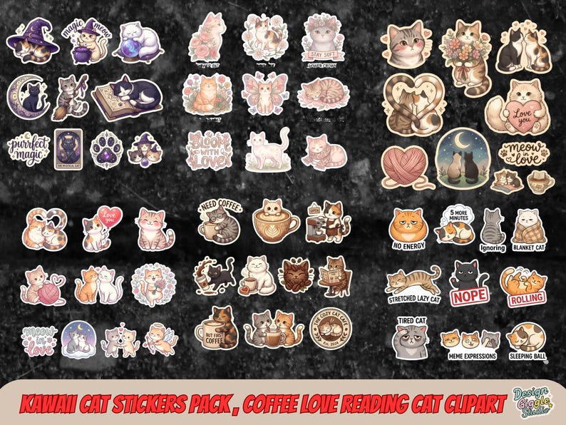 150 Cute Cat Sticker Bundle PNG | Kawaii Cat Stickers Pack| Coffee ...