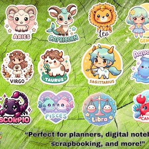 Kawaii Zodiac Sign Stickers: Astrology PNG Bundle (Digital Download, PDF Sheet