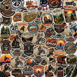 May include: A selection of motorcycle-themed stickers featuring helmets, riders, and phrases such as "Born to Ride" and "Speed Addict." The stickers use a variety of colours, with orange, black, and white being the most prominent.