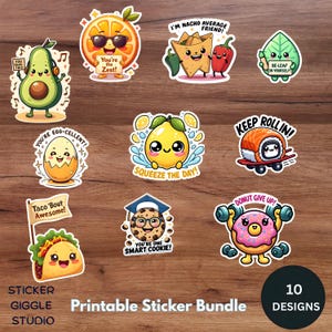 Grappige kawaii stickers voedsel woordspeling – leuke motiverende digitale stickers png-bestand – afdrukbaar voor planners, tijdschriften en ambachten