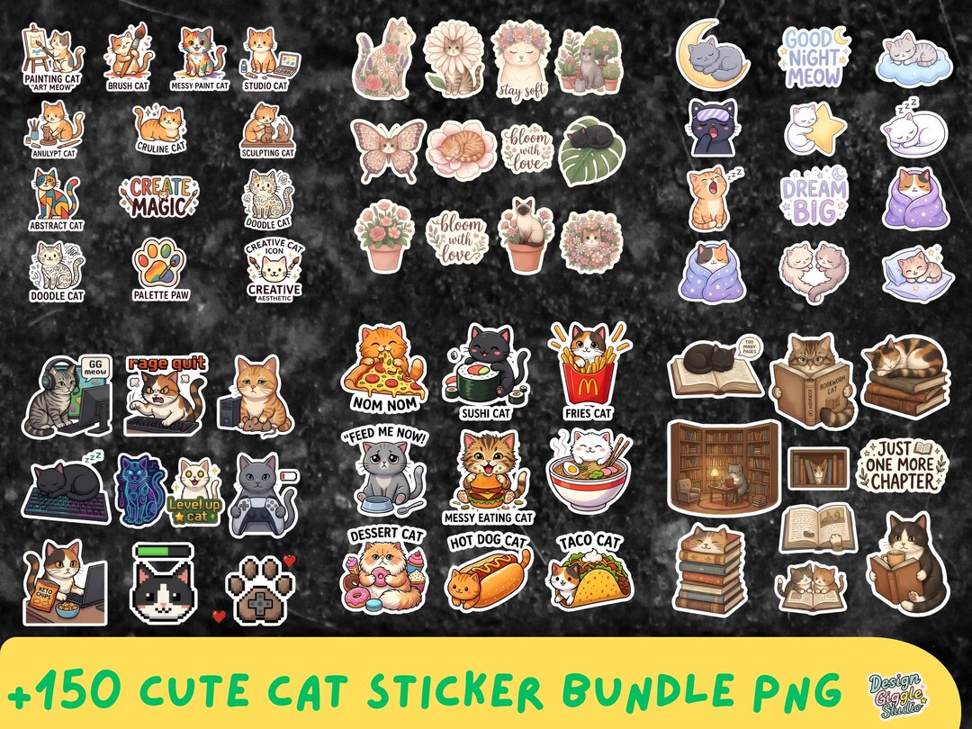 150 Cute Cat Sticker Bundle PNG | Kawaii Cat Stickers Pack| Coffee ...