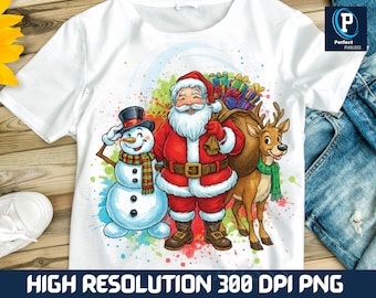 Santa Snowman Reindeer Clipart, Christmas Watercolor PNG (Digital Download)