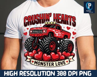 Boy Valentine Monster Truck PNG, Crushin Hearts Sublimation Design