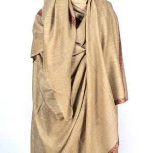 Handwoven Pashmina Shawl with Needle Embroidered Border Work | Warm Beige Wrap | Unisex Winter Scarf