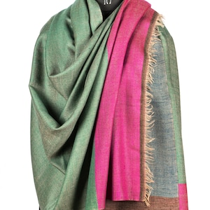 Handwoven Multi colour Pashmina Shawl – Green, Pink, Blue & Brown Block Design  –  Reversible Handmade Shawl.