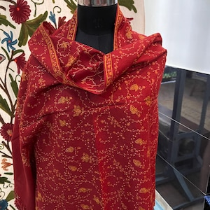 Hand Embroidered Woolen Stole | Red Jali Wool Stole with Golden Needlework | Kashmiri Aari Wool Wrap | Winter Stole for Women