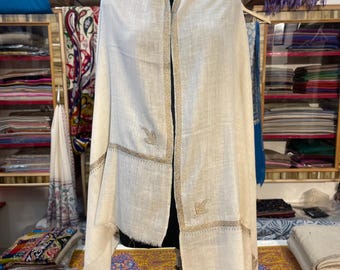 Handvävd ren pashminastola, elfenbensfärgad, kashmirisk sjal, broderad med guldkant