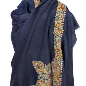 Pure Pashmina Navy Blue Shawl with Hand‑Embroidered Kashmiri Kani Work | Luxurious Winter Wrap | Gift for Her