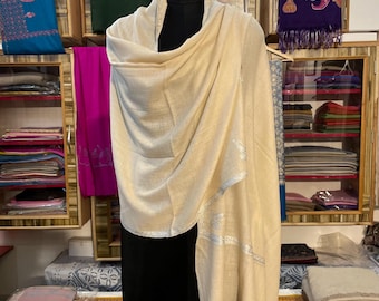 Pure Pashmina Hasi Stole | Handwoven Cream Kashmiri Scarf | Embroidered Lightweight Warm Luxury