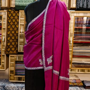 Magenta Hasi Pure Pashmina Stole | Kashmiri Hand Embroidered Border & Paisley Bootis | Soft Luxury Wool Stole