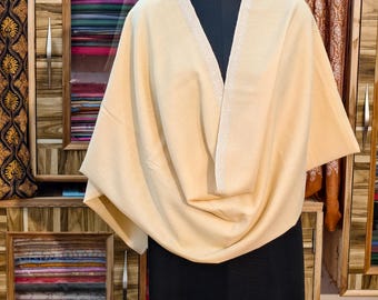 Handwoven Pure Pashmina Shawl | Ivory Cream Wrap, Lightweight Evening Stole