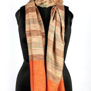 Handgewebter gestreifter Wollschal - erdiges Orange & Mehrfarbig Unisex warmer Winter-Schal | Kashmiri reiner Pashmina Schal