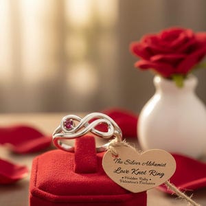 May include: A silver Love Knot ring with a hidden ruby gemstone, displayed on a red velvet ring box. The ring is in the shape of an infinity symbol. A small heart-shaped tag is attached to the ring. A red rose in a white vase is in the background.