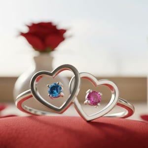 以下が含まれることがあります： 2つのハート型のデザインが特徴のシルバーリング。それぞれに宝石がセットされています。1つは青、もう1つはピンクです。リングは赤い表面に置かれ、背景にはバラと花瓶がぼやけています。
