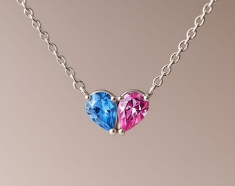 Two Heart Birthstone Necklace, Sterling Silver Couple Pendant, Personalized Gift for Her, Anniversary Jewelry