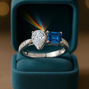 Blue Sapphire & Moissanite Toi et Moi Ring: Sterling Silver Two-Stone