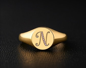 Gold Initial Signet Ring: Custom Letter "N" with Cubic Zirconia