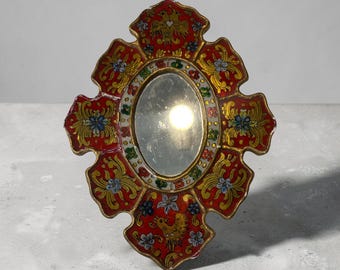 Vintage peruansk omvänd målad glasspegel rödguld folkkonst blommig fågel 12"