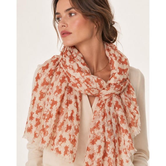 Women's Horse Print Scarf – Lightweight, Terracotta Orange, Cream, Preppy Luxury