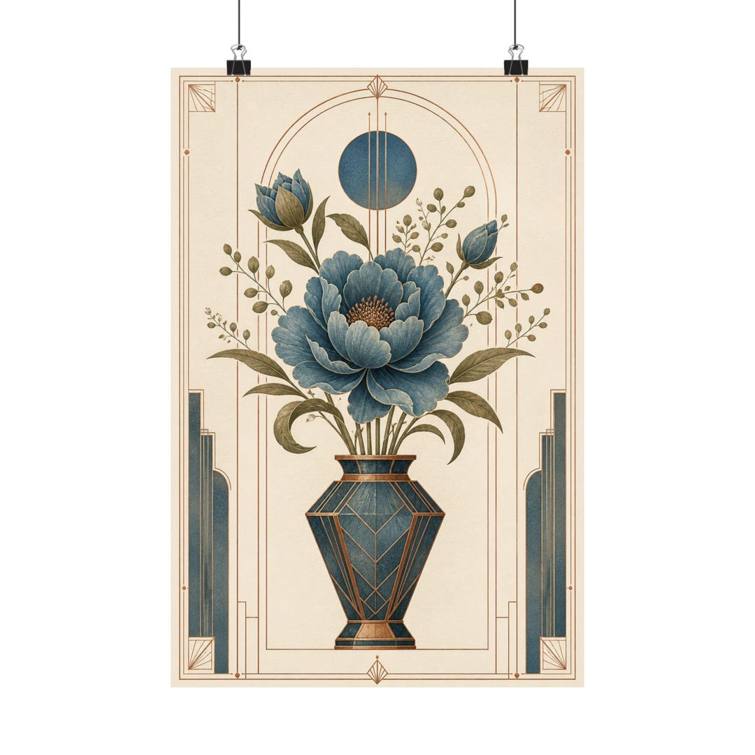 Modern Art Deco Botanical Poster, Patina Blue Wall Art, Vintage Floral ...