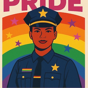 Puede incluir: Un cartel con el texto "LAW ENFORCEMENT PRIDE" en rosa y azul. Presenta a un oficial de policía con uniforme y gorra azules, con un arcoíris y estrellas de fondo. El texto "LGBTQ+ OFFICERS" está en la parte inferior.