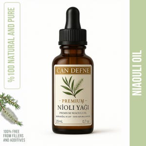 Könnte beinhalten: Eine braune Glasflasche Can Defne Nioli Yaği mit einer schwarzen Pipette. Das Etikett zeigt Text und eine botanische Illustration. Die Flasche enthält 20 ml Öl und ist als 100% natürlich und rein gekennzeichnet.