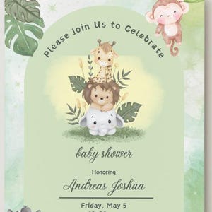 Faire-part de baptême Safari - Modèle de toile modifiable - Carte de baptême de bébé dans la jungle - PDF imprimable