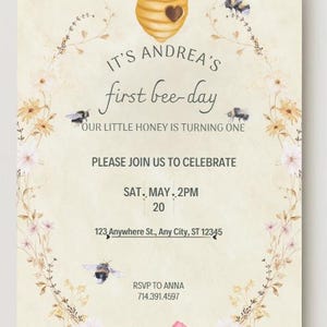 Honey Bee First Birthday Invitation – Editable Canva Template – Printable 1st Birthday Party Invite – Instant Download