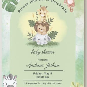 Faire-part de baptême Safari modifiable | de baptême d'un animal de la jungle | Toile bohème verte bébé garçon/fille à imprimer | Téléchargement instantané PDF