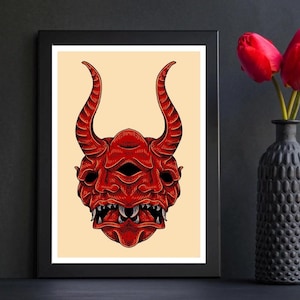 Japanese Oni Mask Tattoo Poster – A4 Print – Traditional Japanese Tattoo Art – Bold Demon Mask Wall Decor – Glossy Tattoo Flash Print