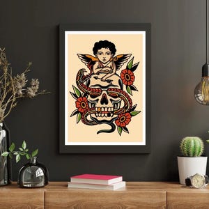 American Traditional Tattoo Flash Poster – A4 Print – Classic Old School Tattoo Art – Vintage Wall Decor – Bold Linework Ink Illustration