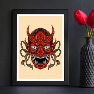 Japanese Oni Mask Tattoo Poster – A4 Print – Traditional Japanese Tattoo Art – Bold Demon Mask Wall Decor – Glossy Tattoo Flash Print