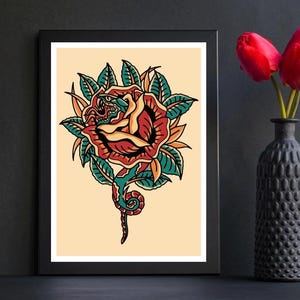 American Traditional Tattoo Flash Poster – A4 Print – Classic Old School Tattoo Art – Vintage Wall Decor – Bold Linework Ink Illustration