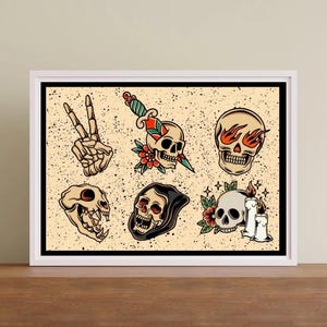 American Traditional Tattoo Flash Poster – skull print – Classic Old School Tattoo Art – Vintage Wall Decor – Bold Linework Ink Illustration
