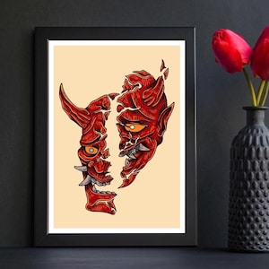 Japanese Oni Mask Tattoo Poster – A4 Print – Traditional Japanese Tattoo Art – Bold Demon Mask Wall Decor – Glossy Tattoo Flash Print