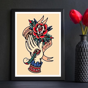American Traditional Tattoo Flash Poster – A4 Print – Classic Old School Tattoo Art – Vintage Wall Decor – Bold Linework Ink Illustration