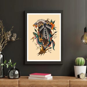 American Traditional Tattoo Flash Poster – A4 Print – Classic Old School Tattoo Art – Vintage Wall Decor – Bold Linework Ink Illustration