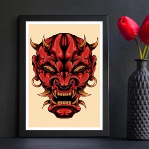 Japanese Oni Mask Tattoo Poster – A4 Print – Traditional Japanese Tattoo Art – Bold Demon Mask Wall Decor – Glossy Tattoo Flash Print
