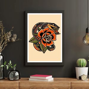 American Traditional Tattoo Flash Poster – A4 Print – Classic Old School Tattoo Art – Vintage Wall Decor – Bold Linework Ink Illustration
