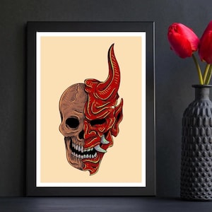 Japanese Oni Mask Tattoo Poster – A4 Print – Traditional Japanese Tattoo Art – Bold Demon Mask Wall Decor – Glossy Tattoo Flash Print