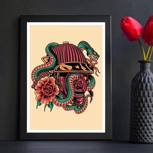 Japanese Oni Mask Tattoo Poster – A4 Print – Traditional Japanese Tattoo Art – Bold Demon Mask Wall Decor – Glossy Tattoo Flash Print