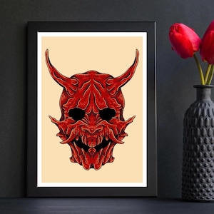 Japanese Oni Mask Tattoo Poster – A4 Print – Traditional Japanese Tattoo Art – Bold Demon Mask Wall Decor – Glossy Tattoo Flash Print