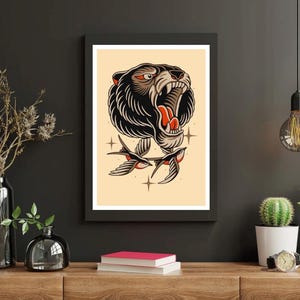 American Traditional Tattoo Flash Poster – A4 Print – Classic Old School Tattoo Art – Vintage Wall Decor – Bold Linework Ink Illustration