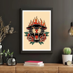 American Traditional Tattoo Flash Poster – A4 Print – Classic Old School Tattoo Art – Vintage Wall Decor – Bold Linework Ink Illustration