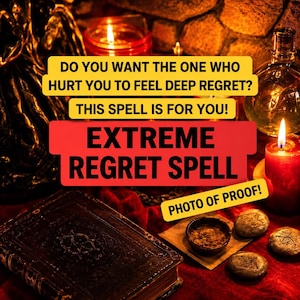 Puede incluir: Un libro oscuro y desgastado sobre una tela roja junto a tres piedras pequeñas, redondas y grabadas, y un cuenco. Una vela roja arde cerca, con el texto: DO YOU WANT THE ONE WHO HURT YOU TO FEEL DEEP REGRET? THIS SPELL IS FOR YOU! EXTREME REGRET SPELL PHOTO OF PROOF!