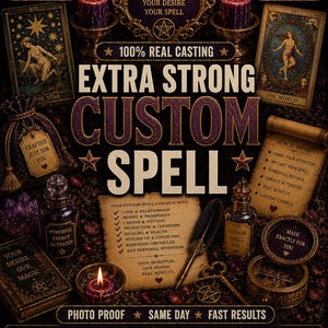 Peut inclure: Une publicité graphique sur fond sombre pour un service de sortilèges personnalisés avec des cartes de tarot, des bougies violettes, des flacons, une plume et un parchemin. Le texte indique : Extra Strong Custom Spell et 100% Real Casting.