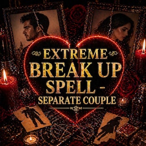 Könnte beinhalten: Eine dunkle, atmosphärische Grafik mit dem Text EXTREME BREAK UP SPELL - SEPARATE COUPLE in einem leuchtend roten Herzen. Zwei gerahmte Porträts eines Mannes und einer Frau sind zu sehen, umgeben von roten Kerzen, Rosen und Silhouetten.