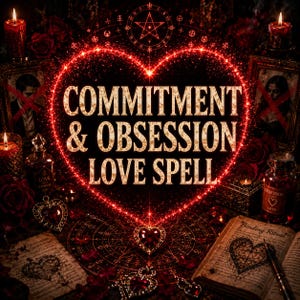 Könnte beinhalten: Eine digitale Grafik mit einer leuchtenden roten Herzumrandung um den Text COMMITMENT & OBSESSION LOVE SPELL. Die Szene enthält rote Kerzen, gerahmte Porträts mit roten X-Markierungen, Glasflaschen und ein offenes Buch mit einer Herzskizze.