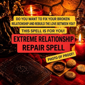 Puede incluir: Una escena oscura y atmosférica con un libro antiguo encuadernado en cuero, un pequeño cuenco de hierbas y tres piedras con símbolos grabados. Velas rojas iluminan la escena, con el texto: DO YOU WANT TO FIX YOUR BROKEN RELATIONSHIP AND REBUILD THE LOVE BETWEEN YOU? THIS SPELL IS FOR YOU! EXTREME RELATIONSHIP REPAIR SPELL PHOTO OF PROOF!