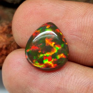 Rainbow Fire Black Opal Cabochon: Ethiopian Heart Gemstone 13x9 MM